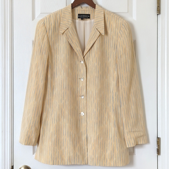 Liz Claiborne 90's Vintage Striped Silk Boxy Side Slit Blazer Jacket Cream 14 - Picture 1 of 13
